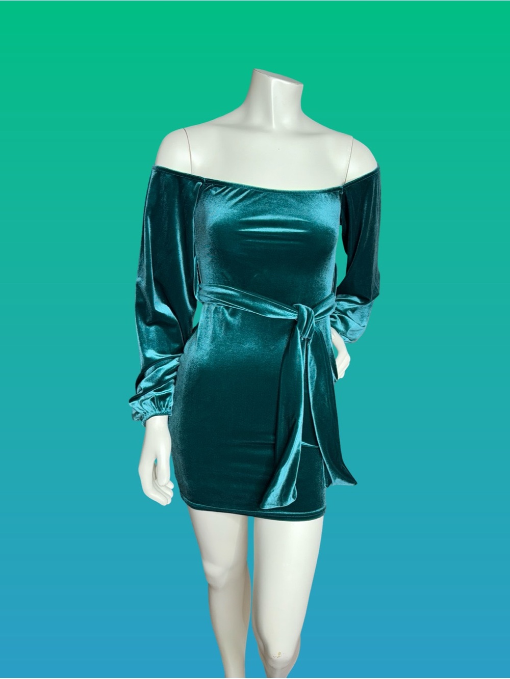Nasty Gal Dark Green Off-The-Shoulder Velvet Bodycon Mini Dress with Waist Tie
